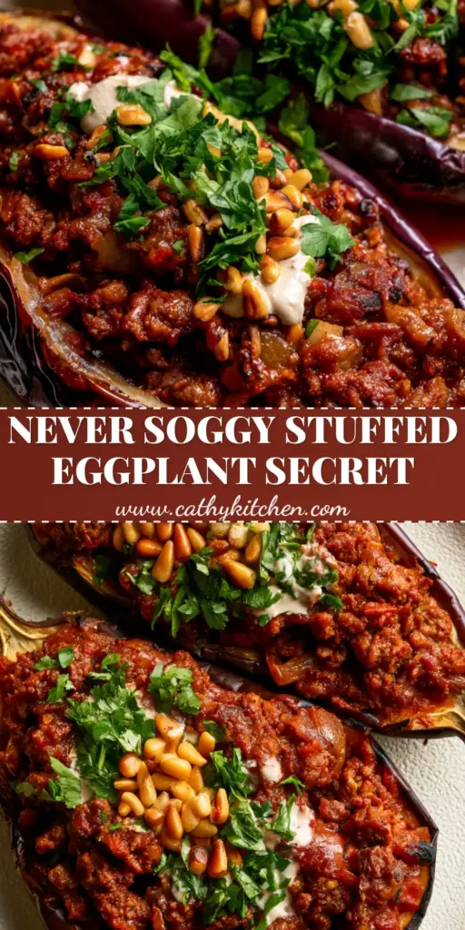 A close-up shot of two Mediterranean stuffed eggplant halves with lamb, tahini, and pine nuts on an off-white plate. (stuffed eggplant recipe)