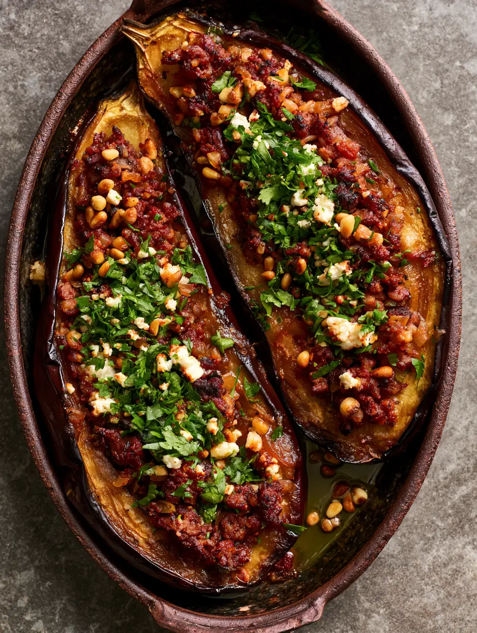 Professional food photography of roasted stuffed eggplant halves with blistered purple skin and golden pine nut garnish. (Stuffed eggplant)