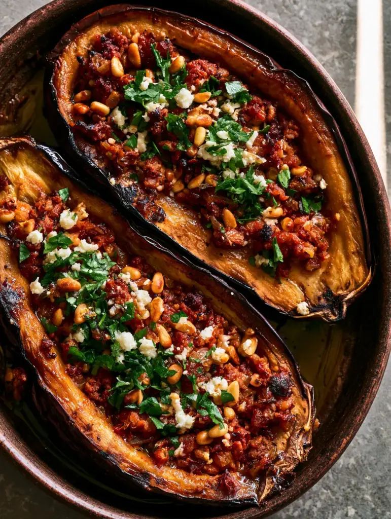 Close up of seared beef stuffing inside a roasted eggplant with fresh parsley and olive oil drizzle.