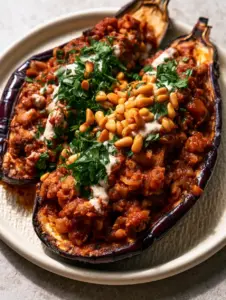 Top-down view of charred eggplant skins and rich lamb filling with steam rising. (stuffed eggplant recipe)