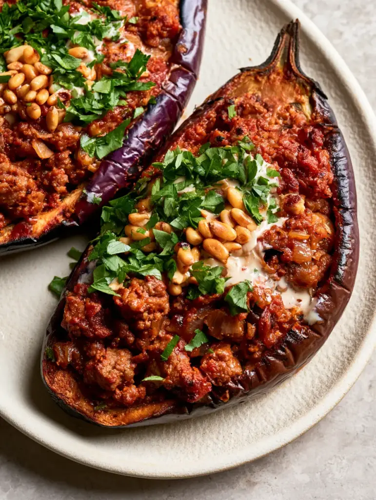 Close up of golden toasted pine nuts and green parsley garnish on a stuffed eggplant recipe.