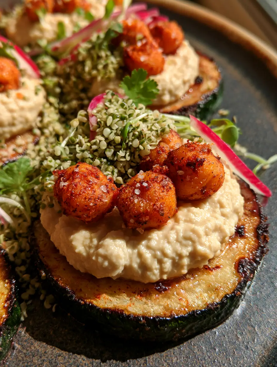 Overhead view of charred zucchini rounds topped with ivory cashew spread and micro-cilantro. (vegan snacks)
