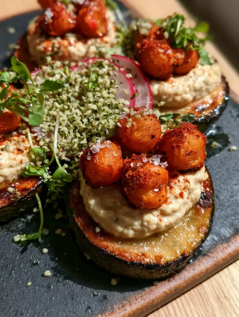 Close up of vegan snacks showing the texture of roasted chickpeas and hemp hearts on seared zucchini.