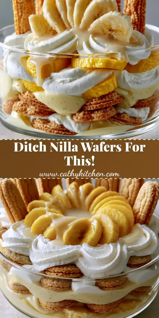 A close-up shot of easy banana pudding in a glass dish with layers of Chessmen cookies and vanilla bean cream.