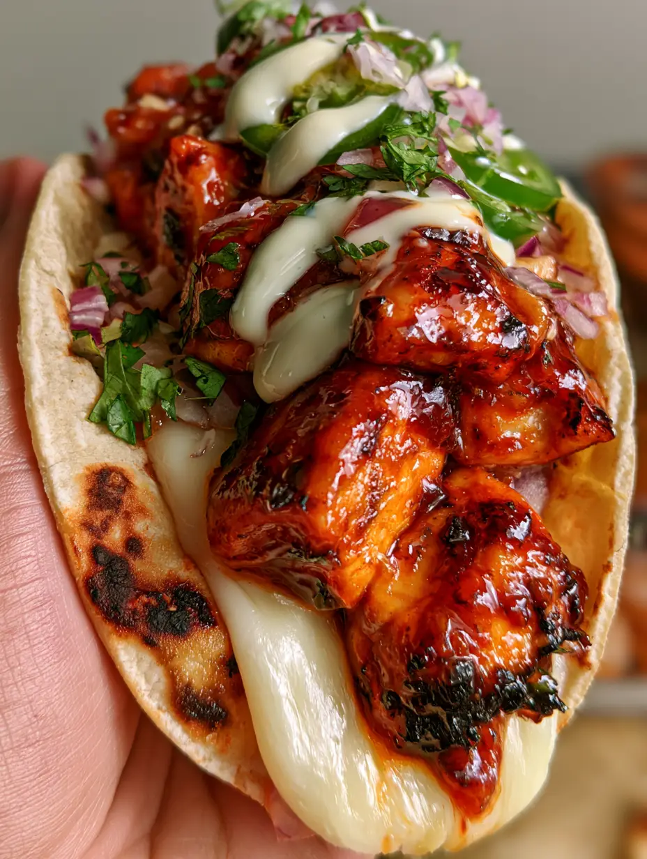 Extreme macro close-up of Chipotle Chicken Tacos showing the glistening amber-red honey glaze and charred chicken edges. (Chipotle Chicken Tacos)