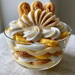 Distinct layers of pale-yellow vanilla bean pudding, thick whipped cream, and golden cookies for easy banana pudding.