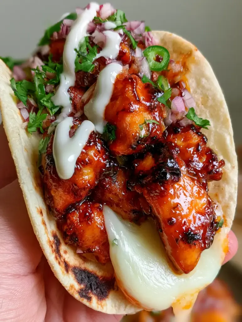 Close-up of a Chipotle Chicken Taco with melted Monterey Jack cheese stretching and vibrant green cilantro garnish.