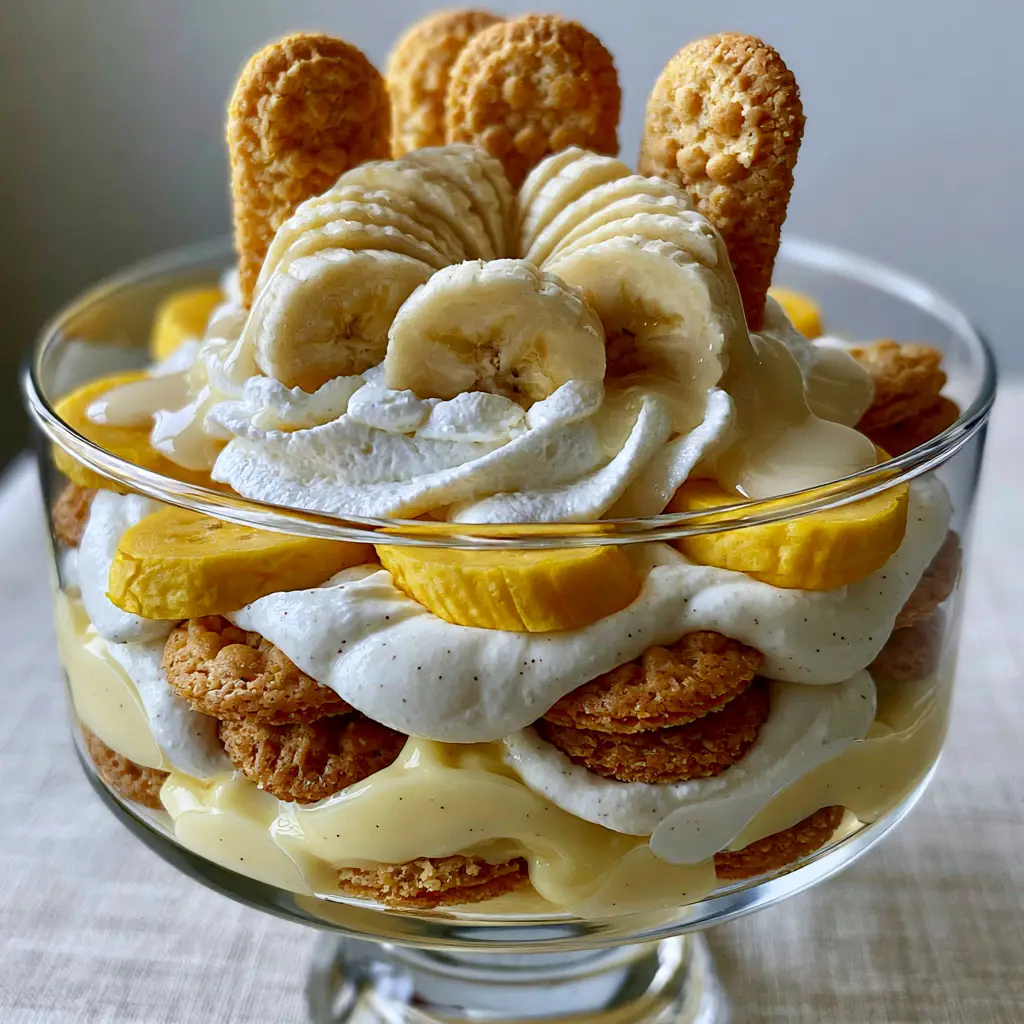 Top view of easy banana pudding garnished with upright Chessmen cookies and fanned banana slices with a sweet drizzle.