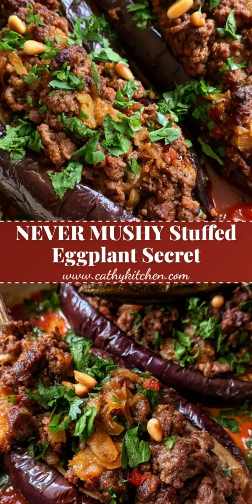 A rustic white ceramic dish holding three stuffed eggplant with ground beef boats, garnished with parsley, pine nuts, and a charred green chili.