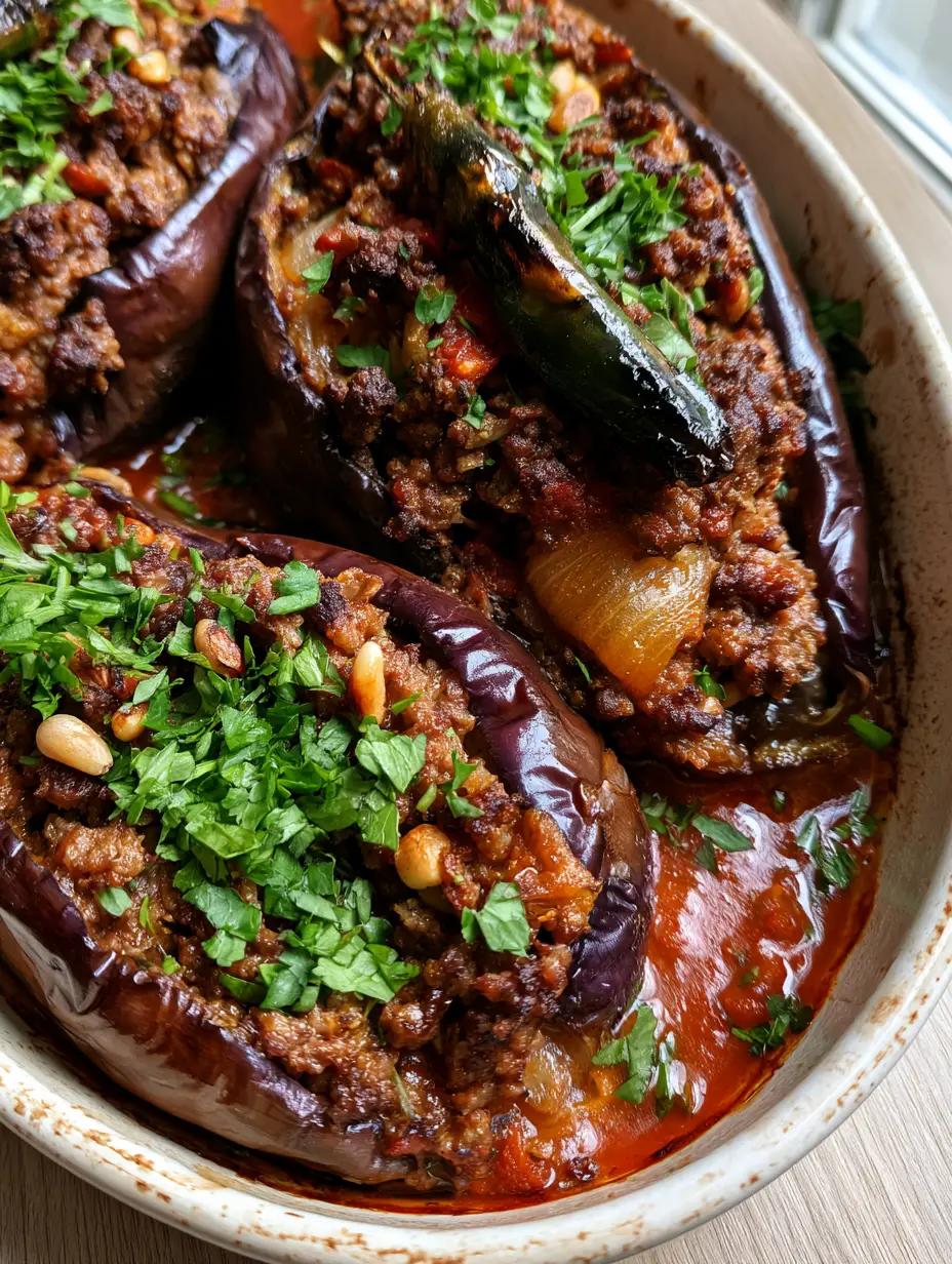 Close-up of blistered purple eggplant skin and juicy ground beef filling. (stuffed eggplant with ground beef)