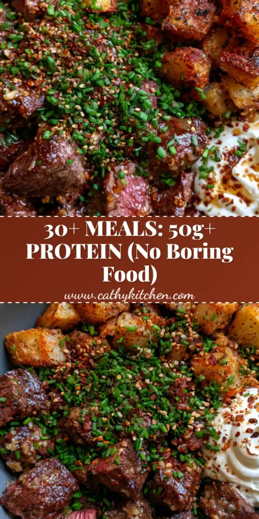 A top-down macro shot of a gourmet bowl with garlic butter steak bites, crispy potatoes, and Greek yogurt sauce. (high protein recipes)