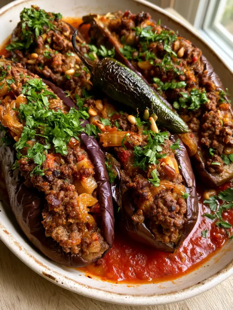 Top-down view of three Mediterranean stuffed eggplant boats with tomato sauce and parsley.