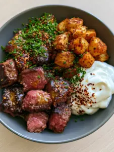 Close-up of seared sirloin steak bites with pink medium-rare centers and golden potatoes. (high protein recipes)