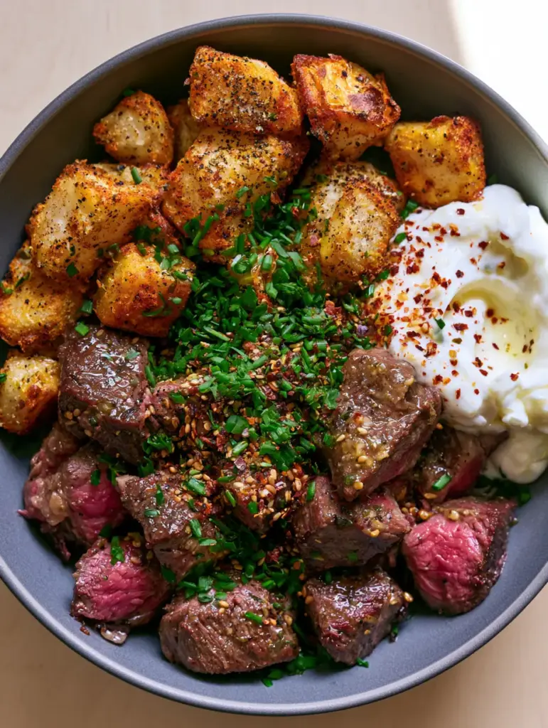 Gourmet steak bowl in a charcoal ceramic dish with sesame seeds and chive garnish. (high protein recipes)
