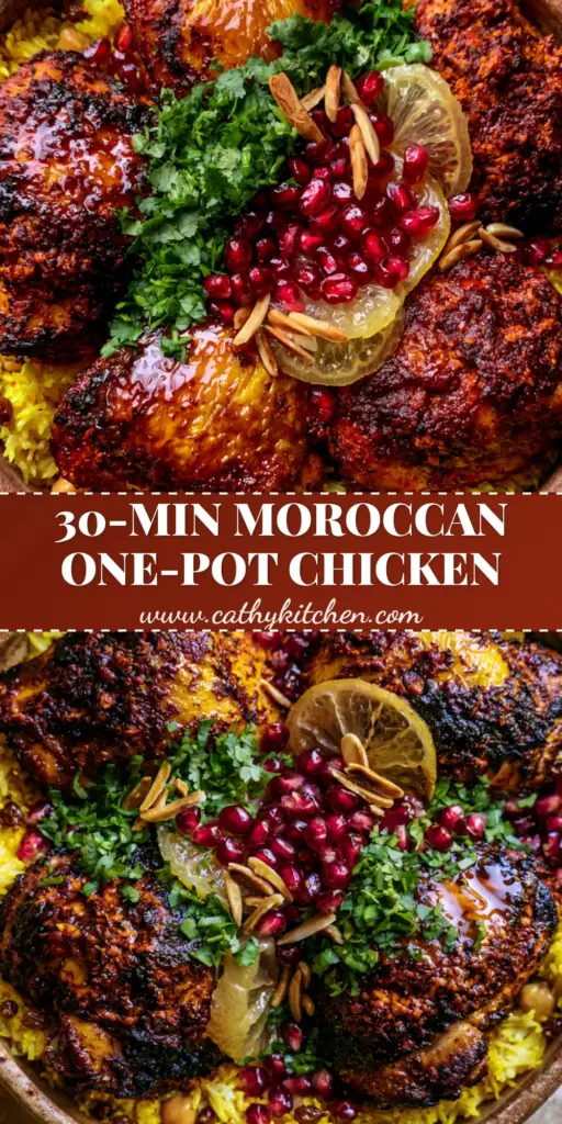 A close-up shot of charred harissa chicken thighs over golden turmeric rice with pomegranate seeds and almonds. (North African recipes)