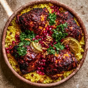 Top-down view of a rustic clay pot with seared chicken thighs, golden rice, chickpeas, and steam wisps. (North African recipes)