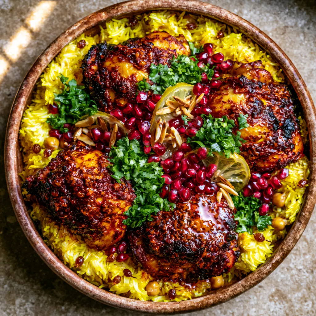 Close-up of the honey-harissa glaze on charred chicken skin with cilantro and pomegranate seeds. (North African recipes)