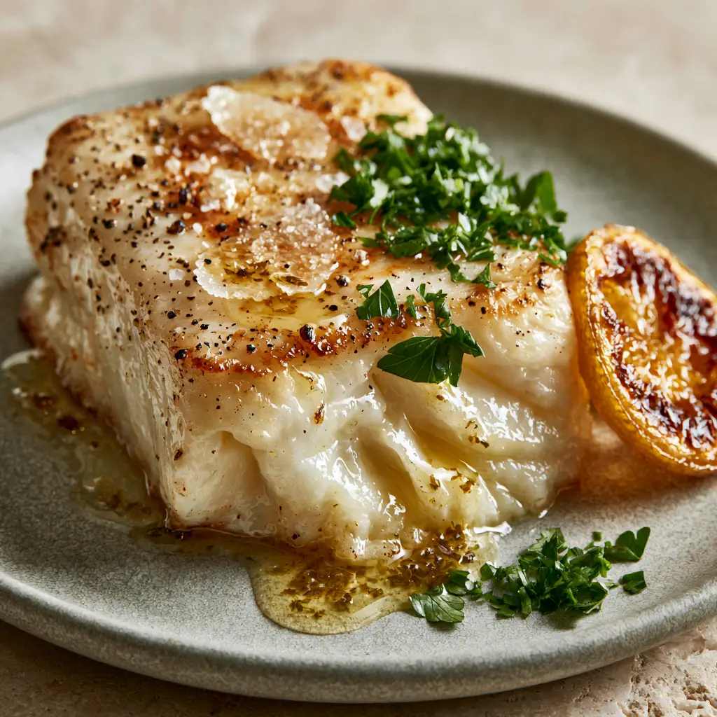 Side-angle view of golden-brown air fryer halibut plated on a grey ceramic plate with a charred lemon wedge. (air fryer halibut)
