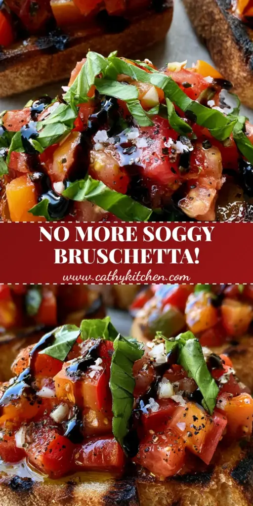 Three restaurant-style Tomato Bruschettas with ruby red heirloom tomatoes and balsamic glaze on charred sourdough.