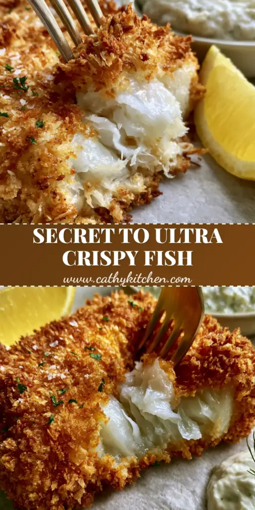 A close-up shot of air fryer crispy white fish featuring a golden panko crust, fresh parsley, and a lemon wedge on a stone surface.