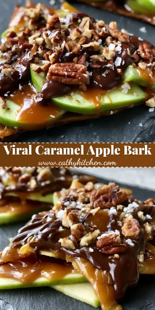 A top-down view of caramel apple bark featuring green apple slices, drizzled amber caramel, and dark chocolate on a slate board.
