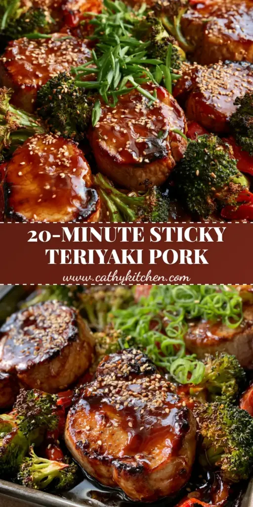 A close-up vertical shot of Teriyaki Pork medallions on a sheet pan with charred broccoli and red peppers, garnished with sesame seeds and scallions.