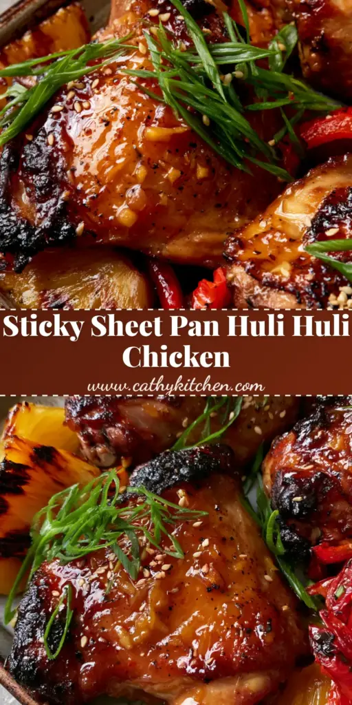 A rustic baking sheet filled with caramelized bone-in baked huli huli chicken thighs, charred pineapple chunks, and blistered red peppers, garnished with sesame seeds.