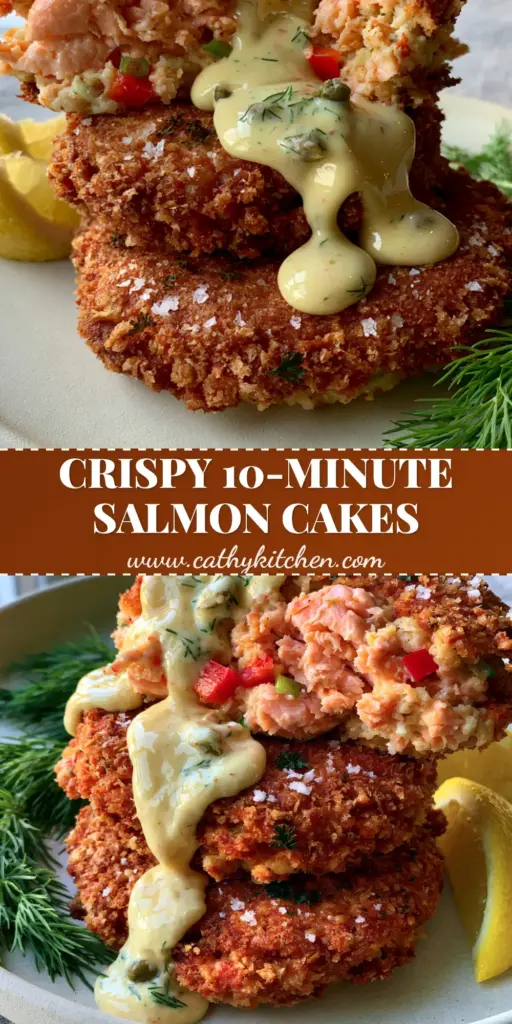 A vertical shot of three stacked crispy salmon cakes with remoulade sauce, dill, and lemon wedges. (salmon cakes)