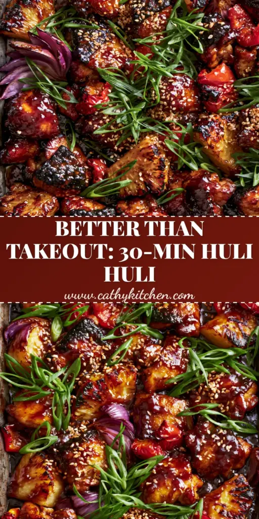 Overhead high-angle shot of Huli Huli Chicken on a dark metal sheet pan featuring mahogany glazed chicken chunks, charred pineapple wedges, and blistered red peppers. (Huli Huli Chicken)