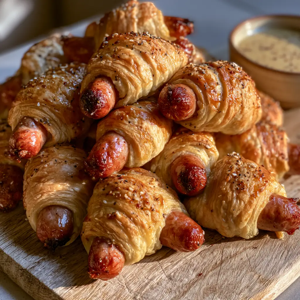 Close-up of flaky Lil Smokies in a Blanket showing buttery layers and seared sausage ends.