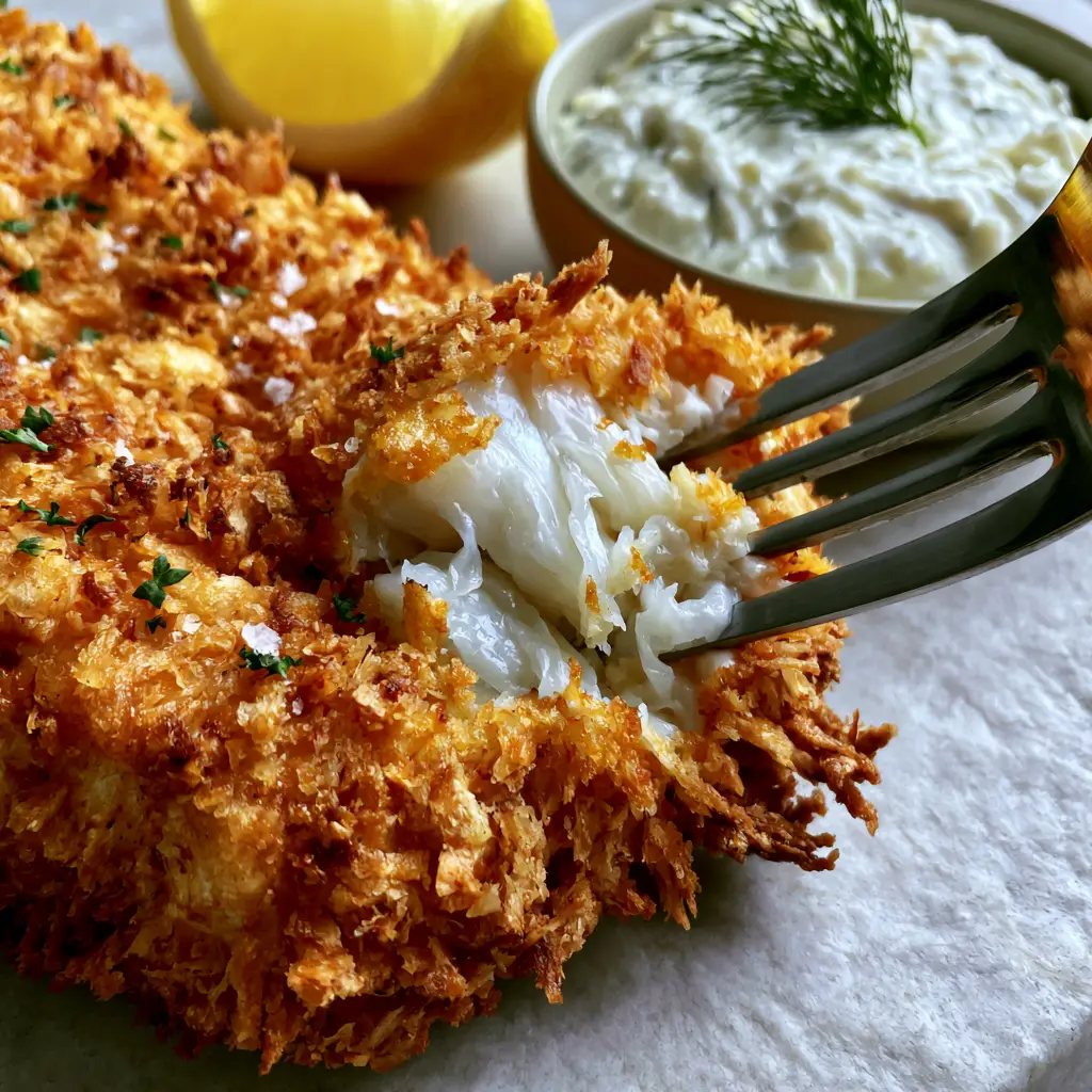 A side view of golden-brown panko-crusted cod fillets next to a small bowl of creamy tartar sauce and lemon.