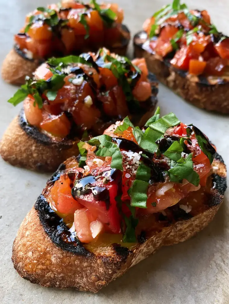 Tomato Bruschetta arranged on a minimalist stone surface with visible sea salt crystals and fresh basil.