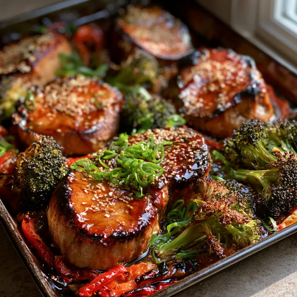 Top-down view of sheet pan Teriyaki Pork with blistered red bell pepper strips and fresh scallions.