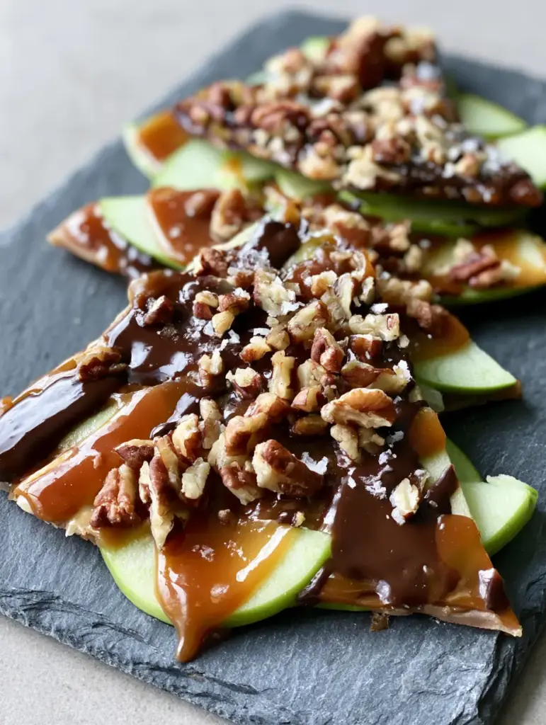 Close up of melted dark chocolate and toasted pecans on green apple bark slices.