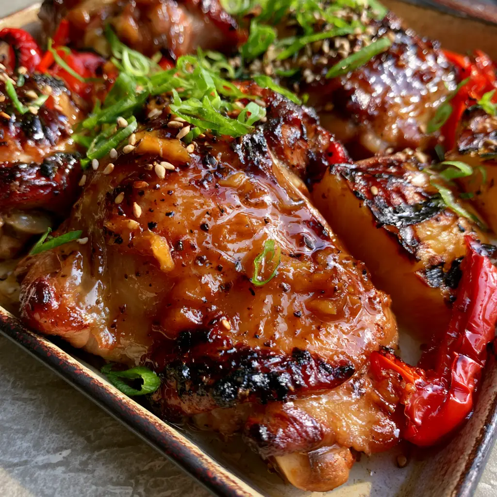 Macro shot of charred pineapple chunks and blistered red bell peppers alongside succulent baked huli huli chicken thighs.