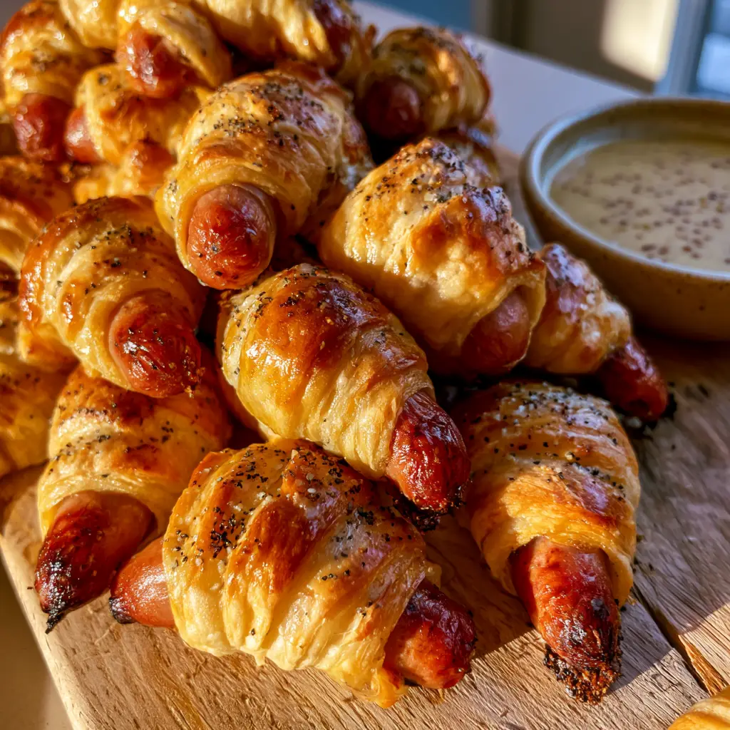 High-angle view of golden Lil Smokies in a Blanket on a rustic light wood serving board with honey mustard sauce.