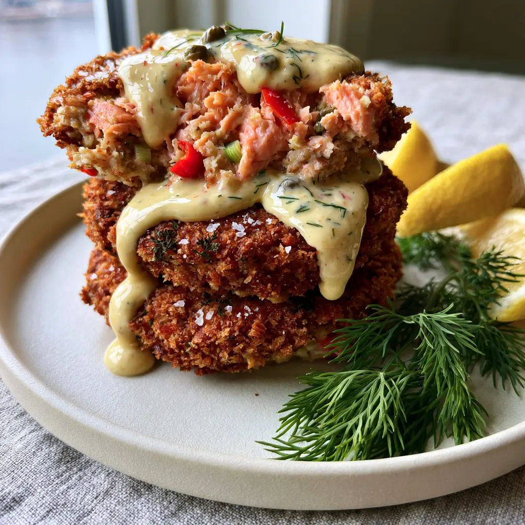 Smartphone photo of three salmon cakes artfully stacked on a ceramic plate with remoulade drizzle.