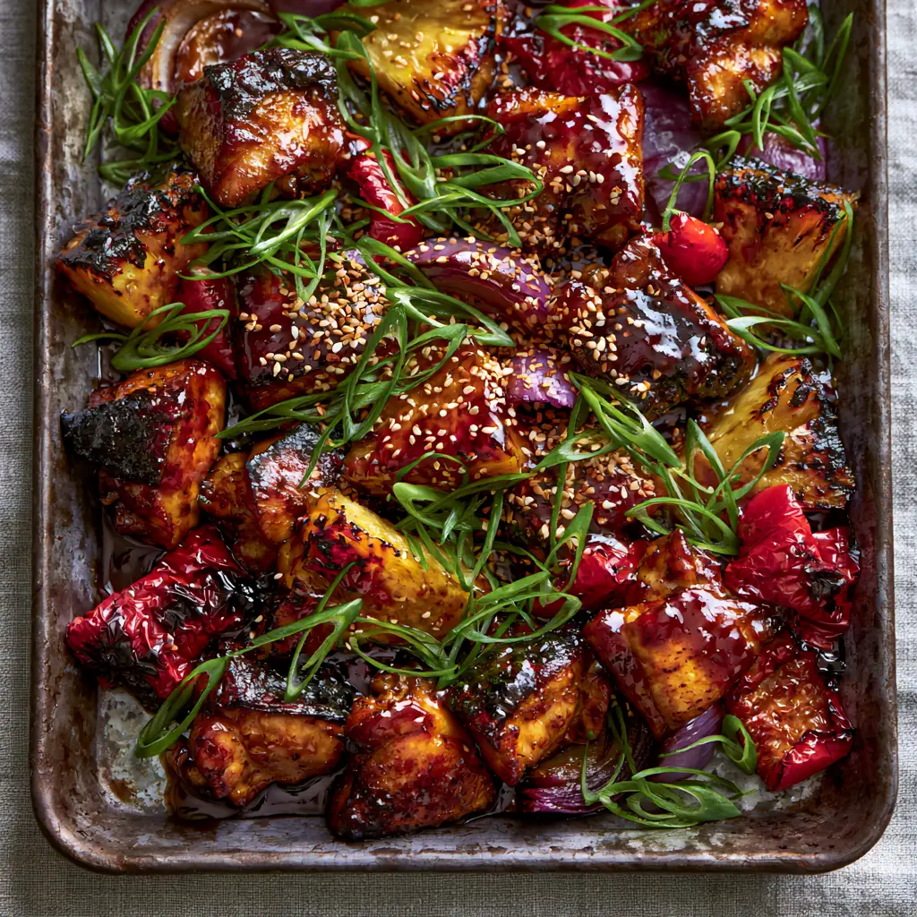Rustic dark metal baking tray filled with Huli Huli Chicken, caramelized pineapple wedges, and softened red onion petals.