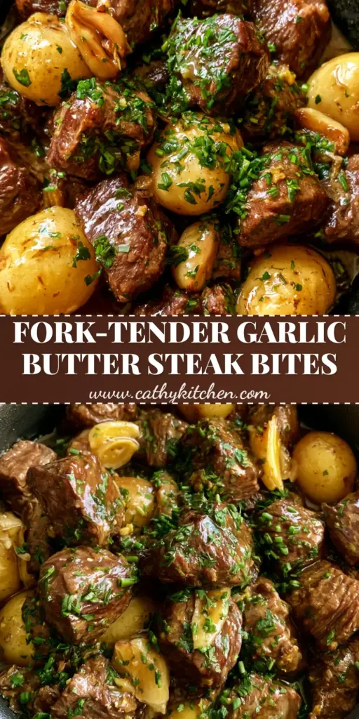 A vertical shot of Crockpot steak bites with golden potatoes and green herbs, focusing on the garlic butter glaze.