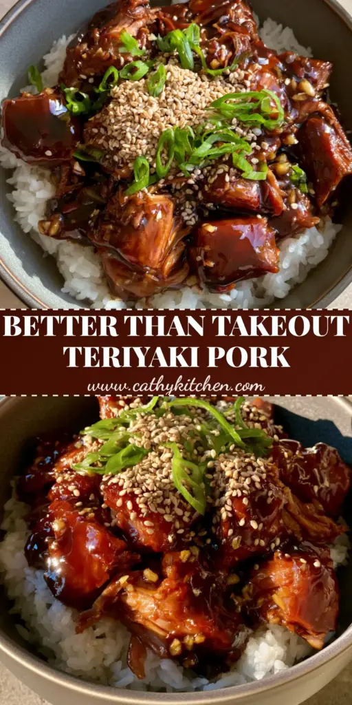 Vertical Pinterest Pin showing a charcoal bowl of slow cooker teriyaki pork with thick mahogany glaze, sesame seeds, and green scallions over white rice.