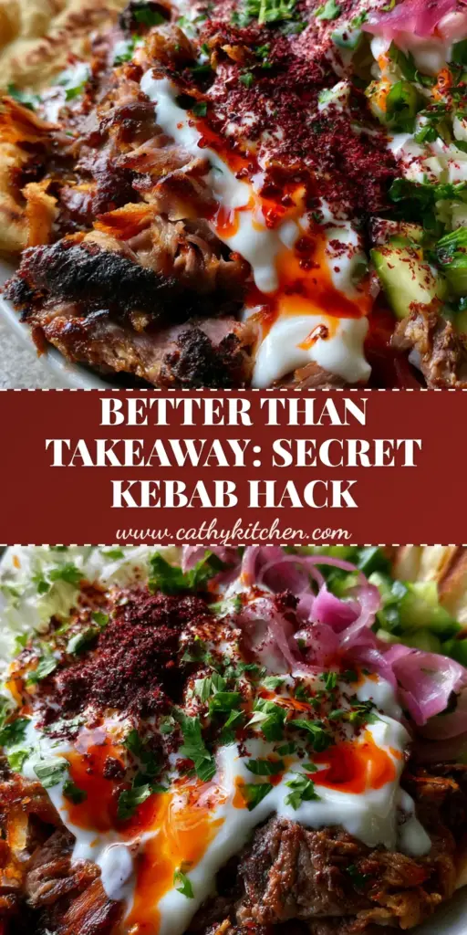 A deconstructed homemade doner kebab platter featuring shaved meat ribbons with charred edges, garlic yogurt sauce, and red chili oil.