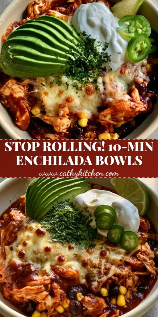 A close-up high-angle shot of a chicken enchilada bowl featuring shredded chicken in red sauce, melted Monterey Jack cheese with brown spots, fanned avocado, and Greek yogurt.
