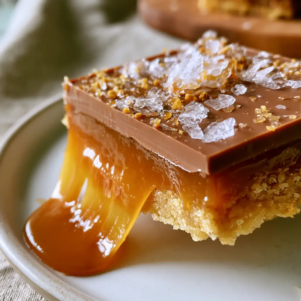 Caramel Crush Bars with Gooey Amber Caramel and Flaky Salt 2 Macro shot of Caramel Crush Bars showing the matte milk chocolate top, toffee bits, and flaky Maldon sea salt.