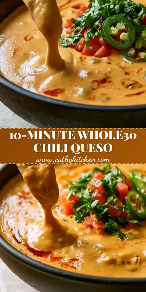 A close-up of Whole30 Chili Con Queso in a matte black bowl with a cassava chip lifting a thick drip of sauce.