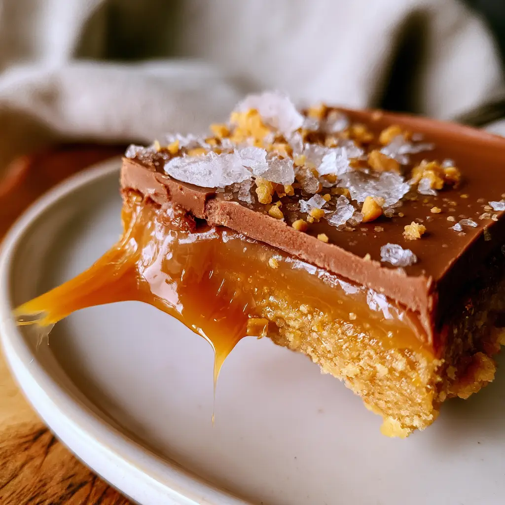 Caramel Crush Bars with Gooey Amber Caramel and Flaky Salt 1 Eye-level view of a stack of Caramel Crush Bars with a translucent amber caramel center and dense shortbread base.
