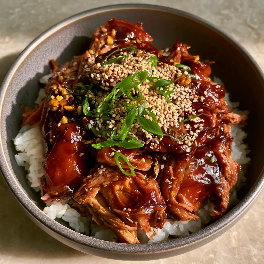 Close up of tender chunks of pork coated in a dark teriyaki sauce with visible ginger and garlic bits.