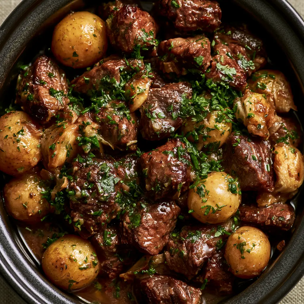 Extreme close-up of garlic butter glazed steak bites with visible softened garlic slivers and chives.