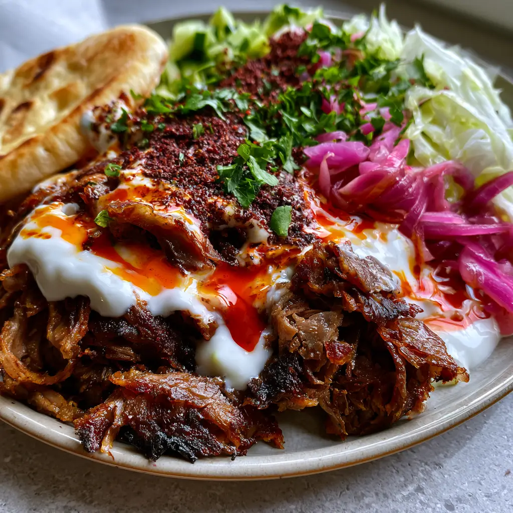 A deconstructed doner kebab platter with toasted pita, pickled red onions, and diced cucumbers.