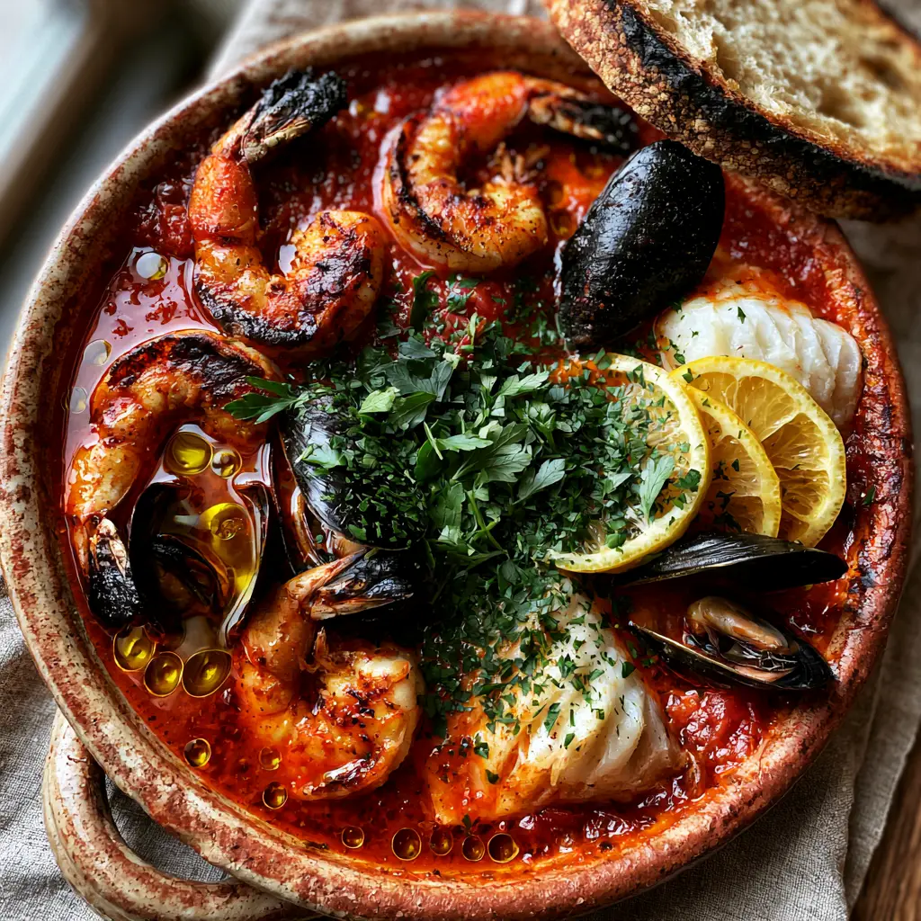 Seafood soup served with a thick slice of charred toasted sourdough bread on a linen napkin.