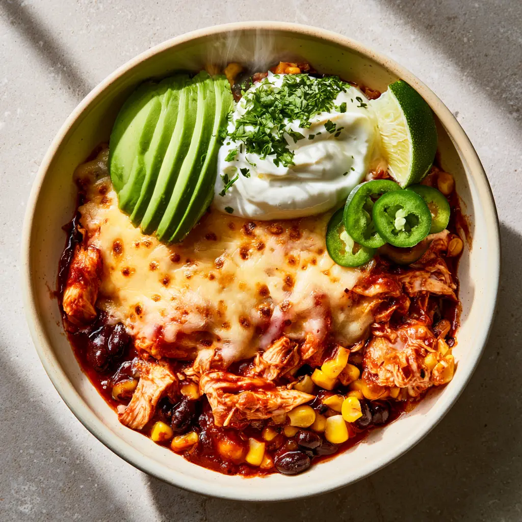 Detailed shot of melted Monterey Jack cheese with golden toasted spots on top of chicken enchilada bowls.